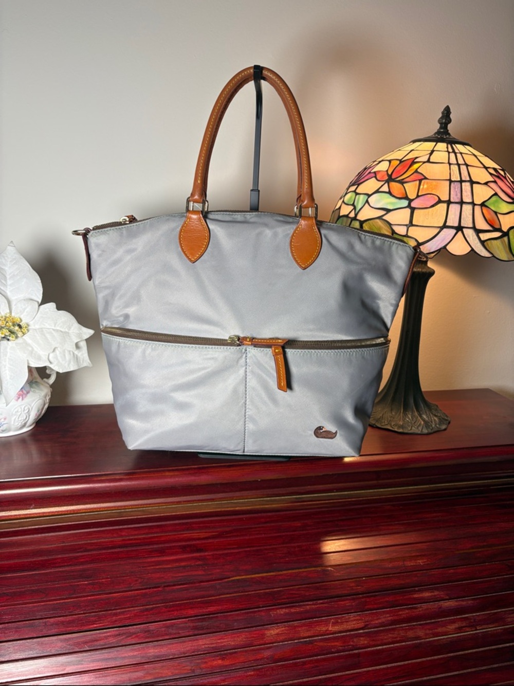 Dooney & Bourke Gray Tote with Tan Leather Handles